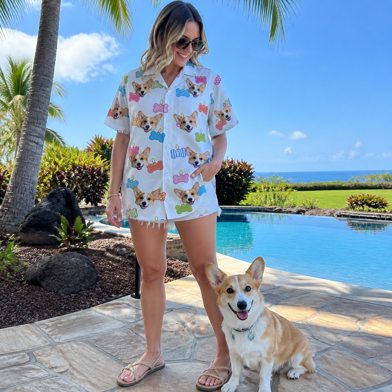 Full-length photo with the pet printed all over this Women's Tag Wag Custom Dog Face Hawaiian Shirt