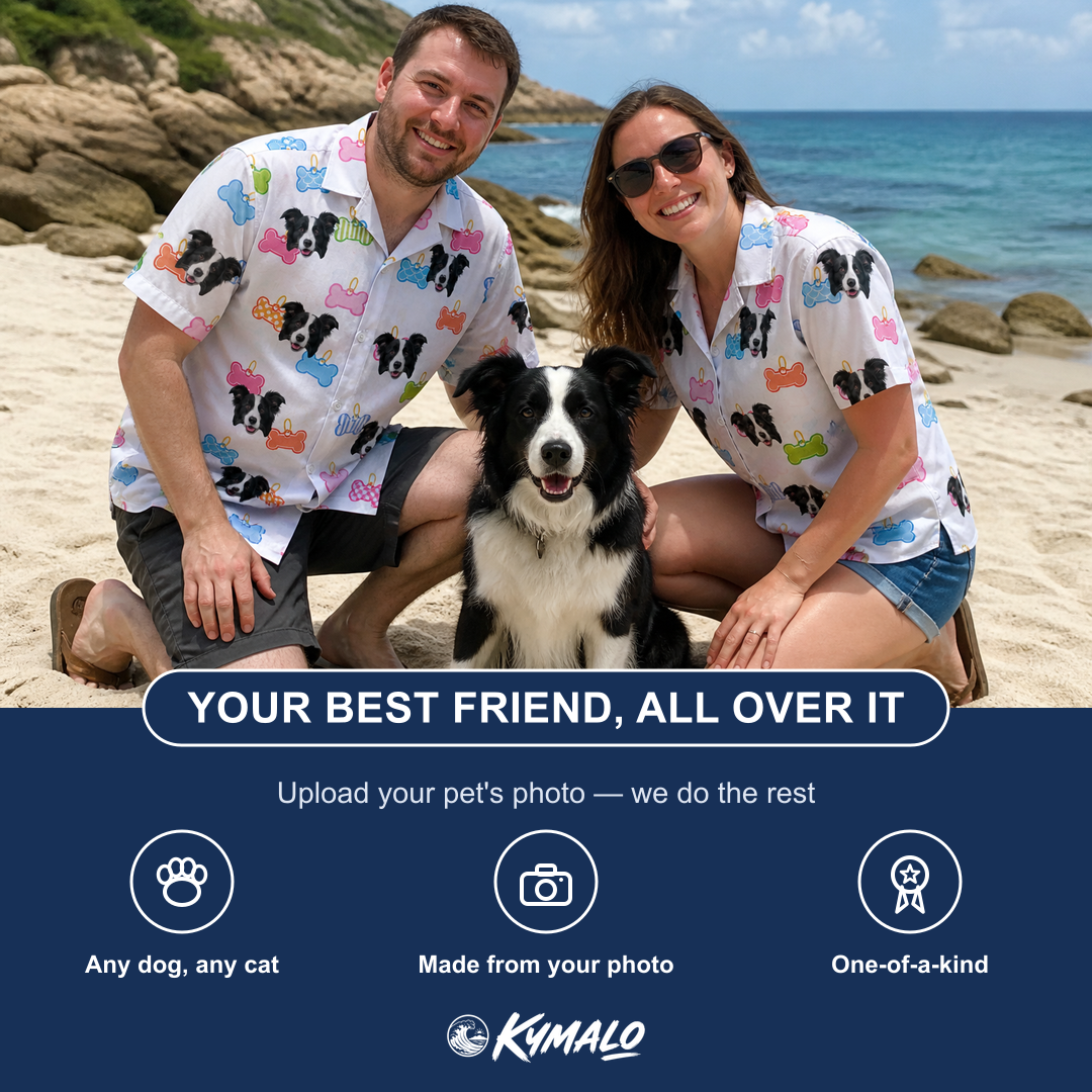 Friends in matching Women's Tag Wag Custom Dog Face Hawaiian Shirt — a group gift photo