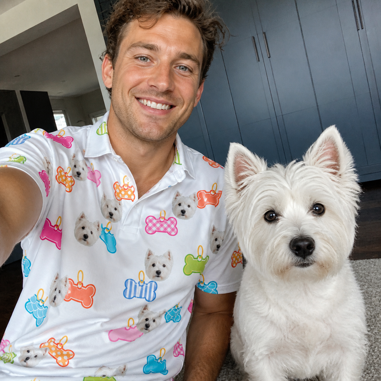 Selfie with the pet whose face is printed all over this Men's Tag Wag Custom Dog Face Polo Shirt