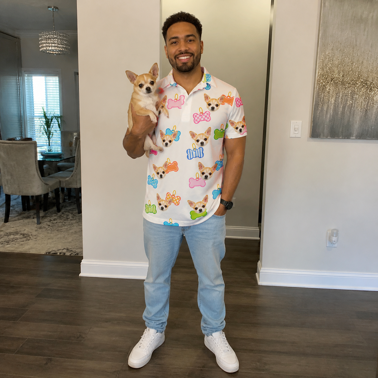 Full-length photo with the pet printed all over this Men's Tag Wag Custom Dog Face Polo Shirt
