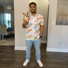 Full-length photo with the pet printed all over this Men's Tag Wag Custom Dog Face Polo Shirt