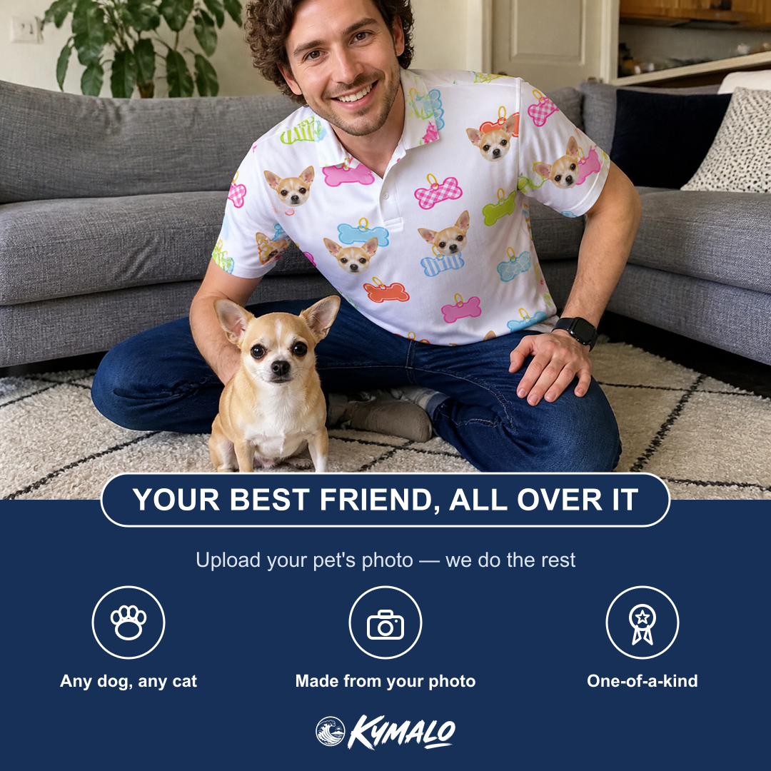 Friends in matching Men's Tag Wag Custom Dog Face Polo Shirt — a group gift photo