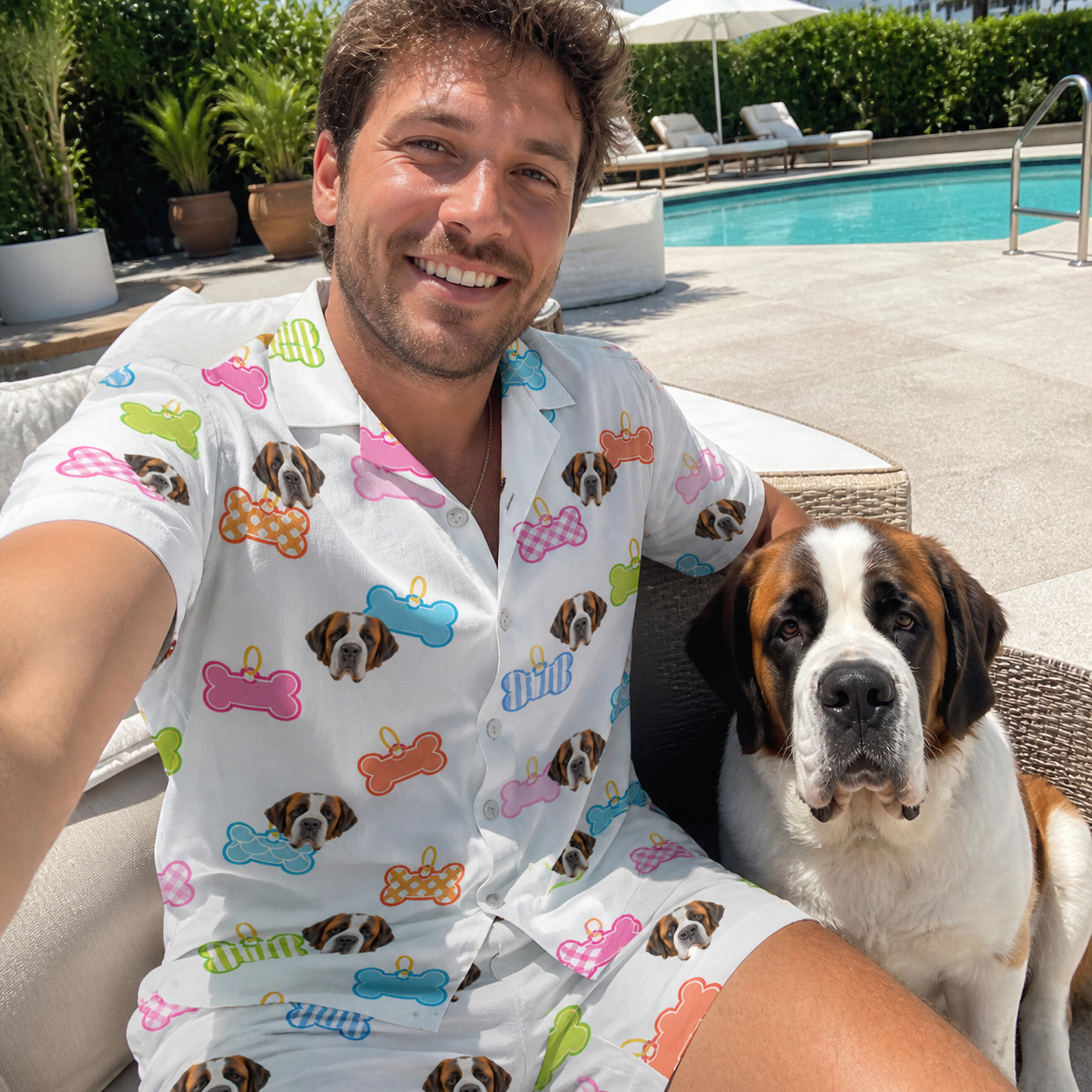 Selfie with the pet whose face is printed all over this Men's Tag Wag Custom Dog Face Shirt & Shorts Set