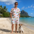 Full-length photo with the pet printed all over this Men's Tag Wag Custom Dog Face Shirt & Shorts Set