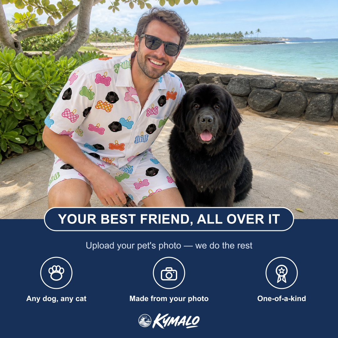 Friends in matching Men's Tag Wag Custom Dog Face Shirt & Shorts Set — a group gift photo