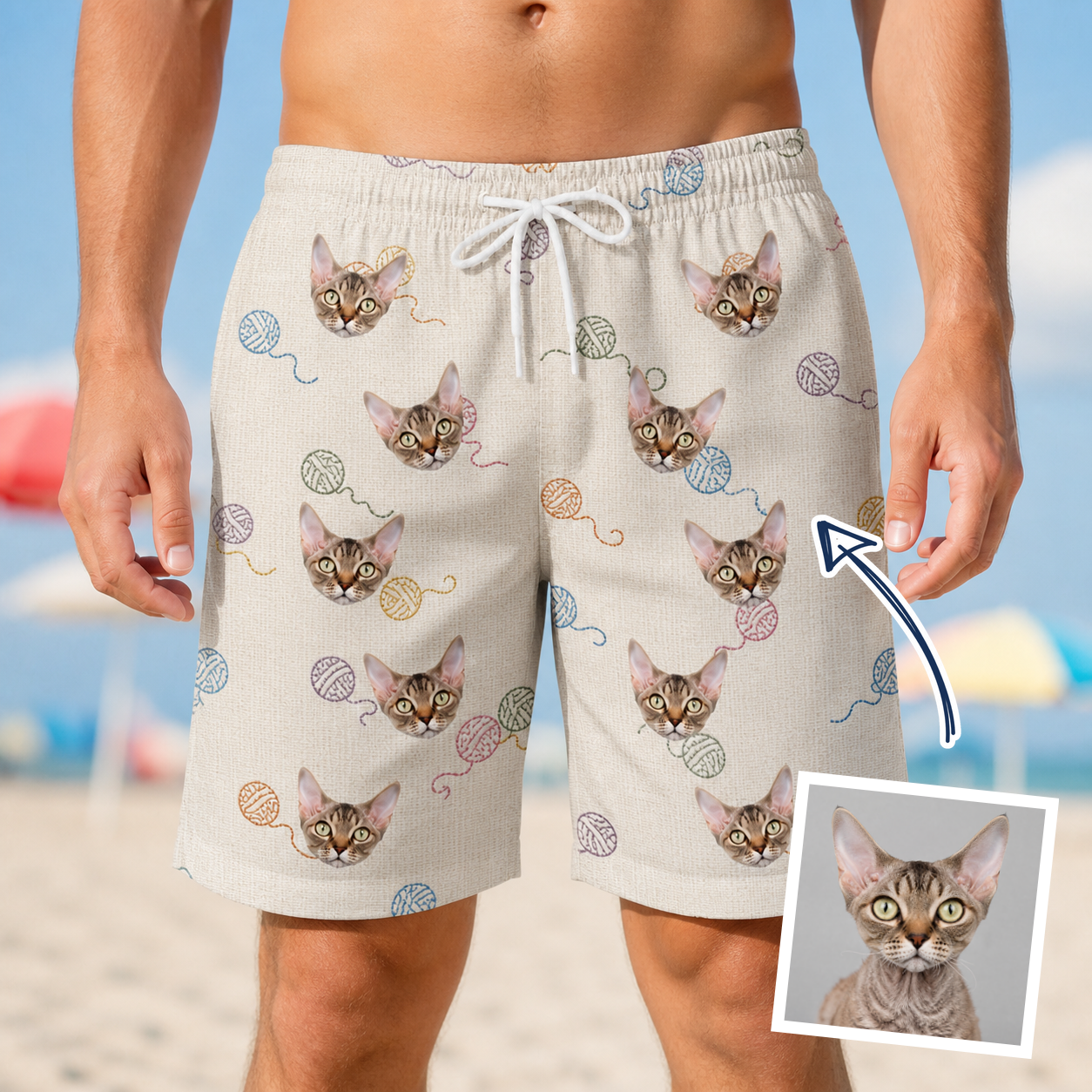 Man wearing Men's Skein Snoopers Custom Cat Face Beach Shorts — custom faces printed all-over