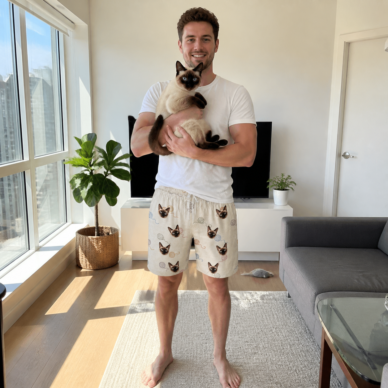 Full-length photo with the pet printed all over this Men's Skein Snoopers Custom Cat Face Beach Shorts