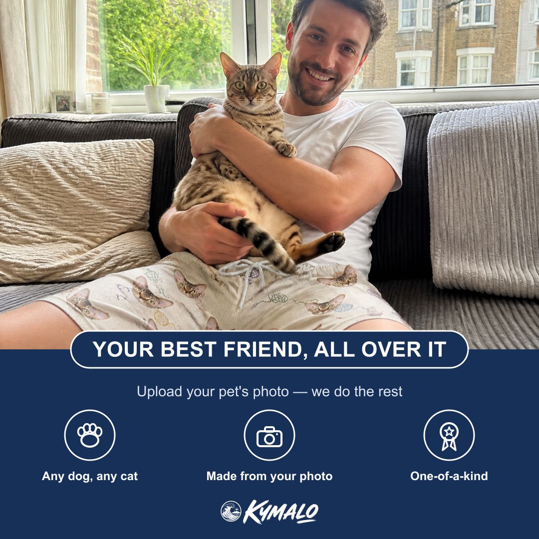 Friends in matching Men's Skein Snoopers Custom Cat Face Beach Shorts — a group gift photo