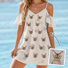 Woman wearing Women's Skein Snoopers Custom Cat Face Off-Shoulder Dress — custom faces printed all-over