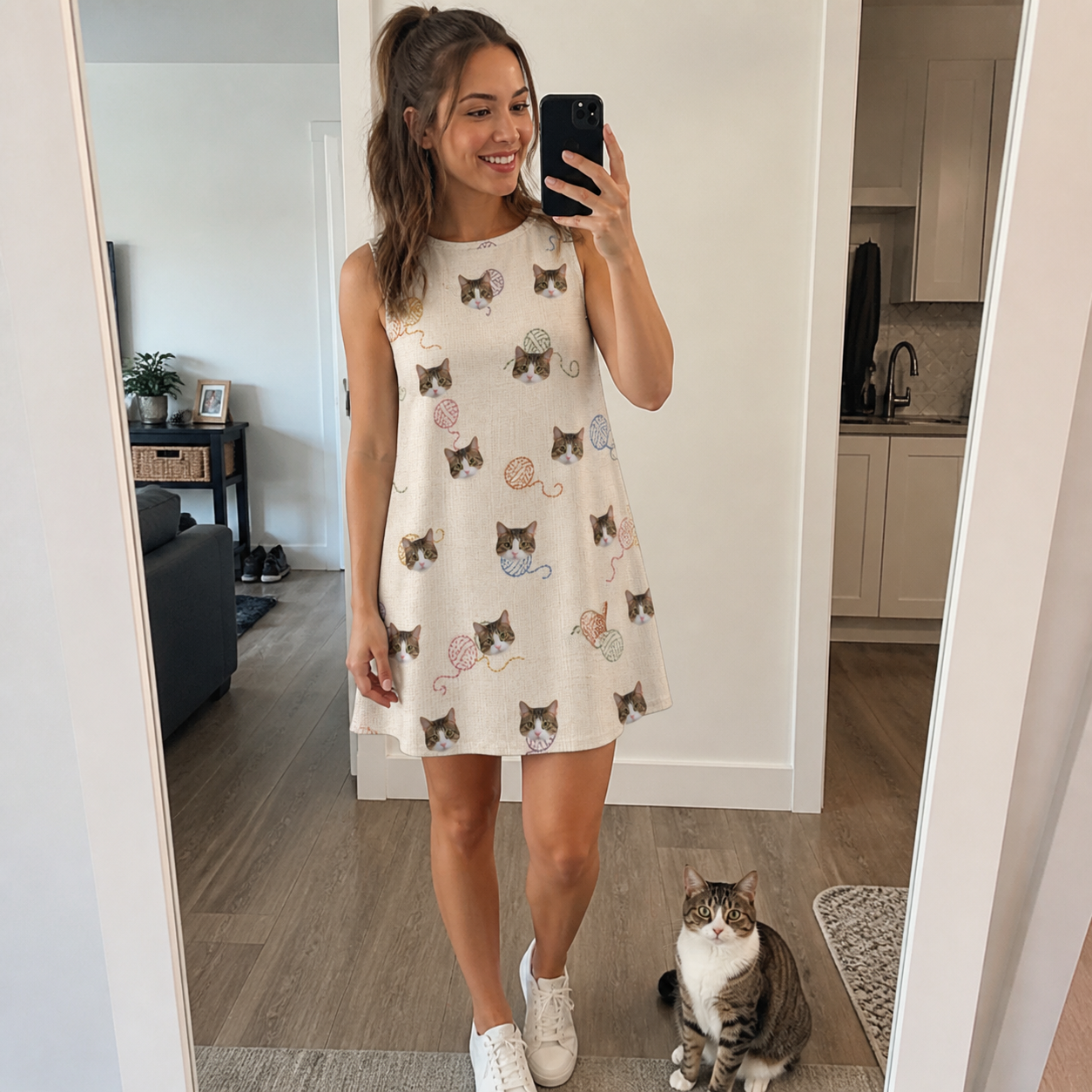 Full-length photo with the pet printed all over this Women's Skein Snoopers Custom Cat Face Tank Dress