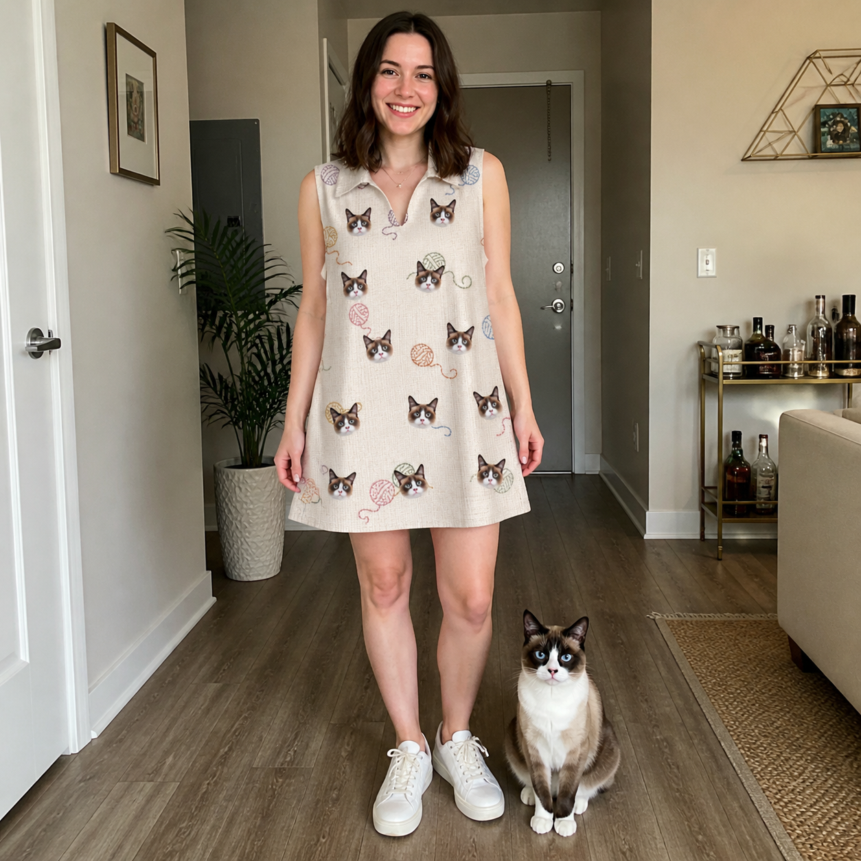 Full-length photo with the pet printed all over this Women's Skein Snoopers Custom Cat Face V-Neck Dress