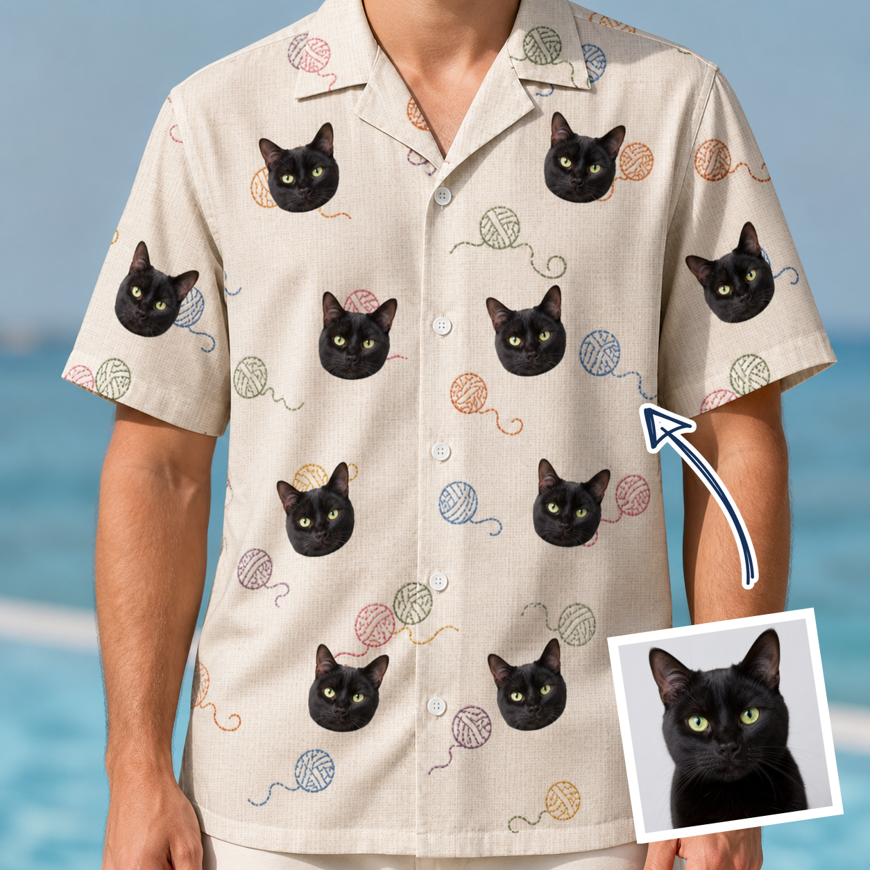 Man wearing Men's Skein Snoopers Custom Cat Face Hawaiian Shirt — custom faces printed all-over