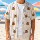 Man wearing Men's Skein Snoopers Custom Cat Face Hawaiian Shirt open over a white tee