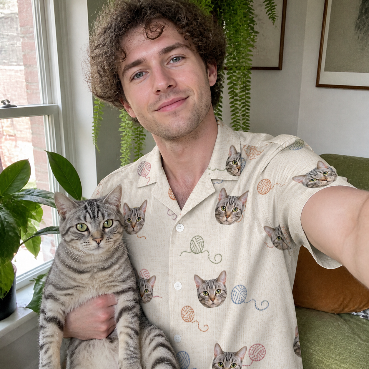 Selfie with the pet whose face is printed all over this Men's Skein Snoopers Custom Cat Face Hawaiian Shirt