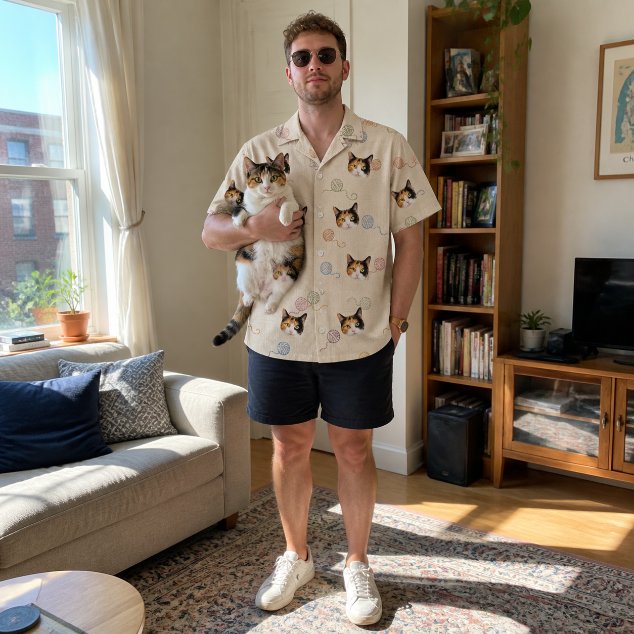 Full-length photo with the pet printed all over this Men's Skein Snoopers Custom Cat Face Hawaiian Shirt