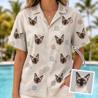 Woman wearing Women's Skein Snoopers Custom Cat Face Hawaiian Shirt — custom faces printed all-over