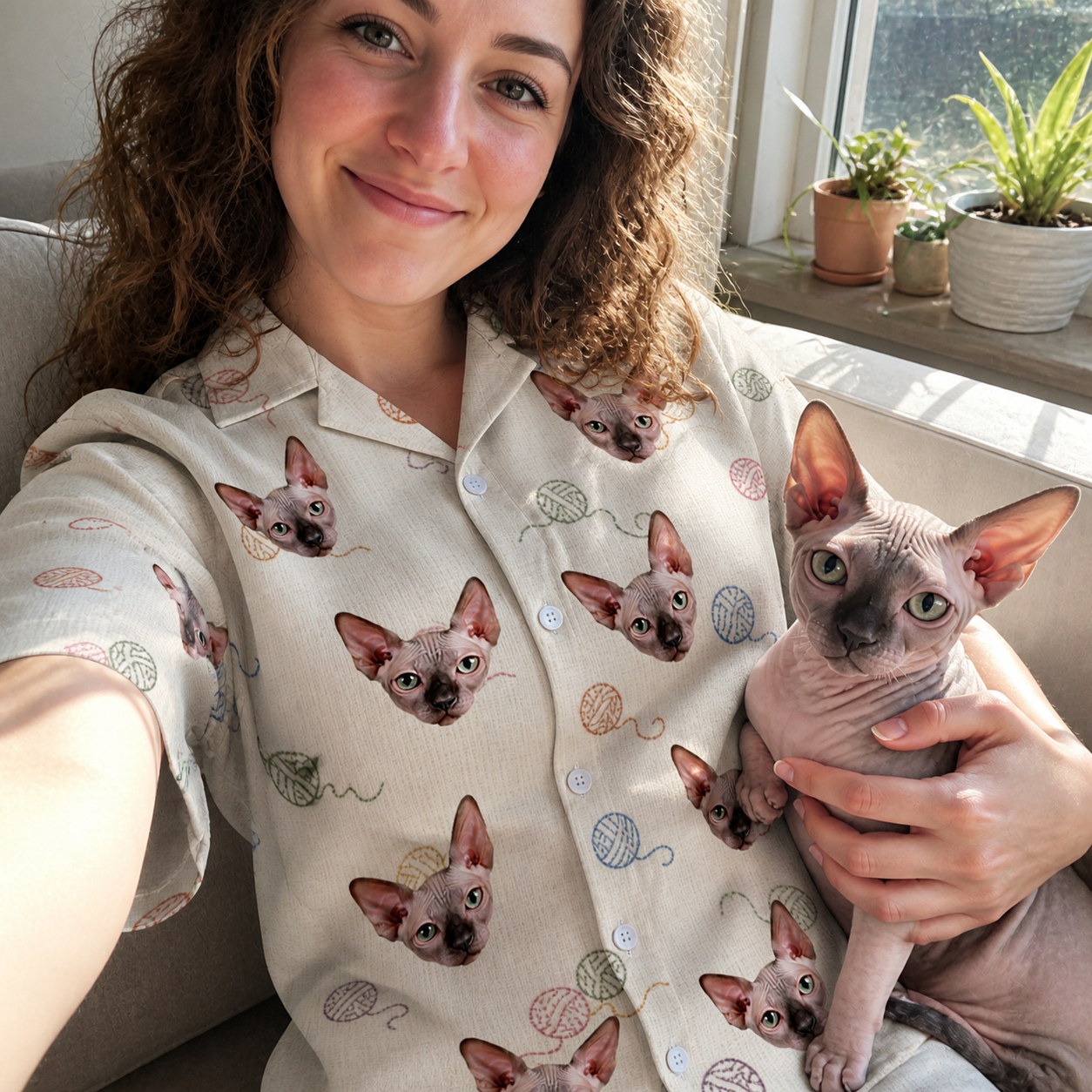 Selfie with the pet whose face is printed all over this Women's Skein Snoopers Custom Cat Face Hawaiian Shirt