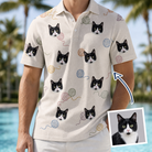 Man wearing Men's Skein Snoopers Custom Cat Face Polo Shirt — custom faces printed all-over