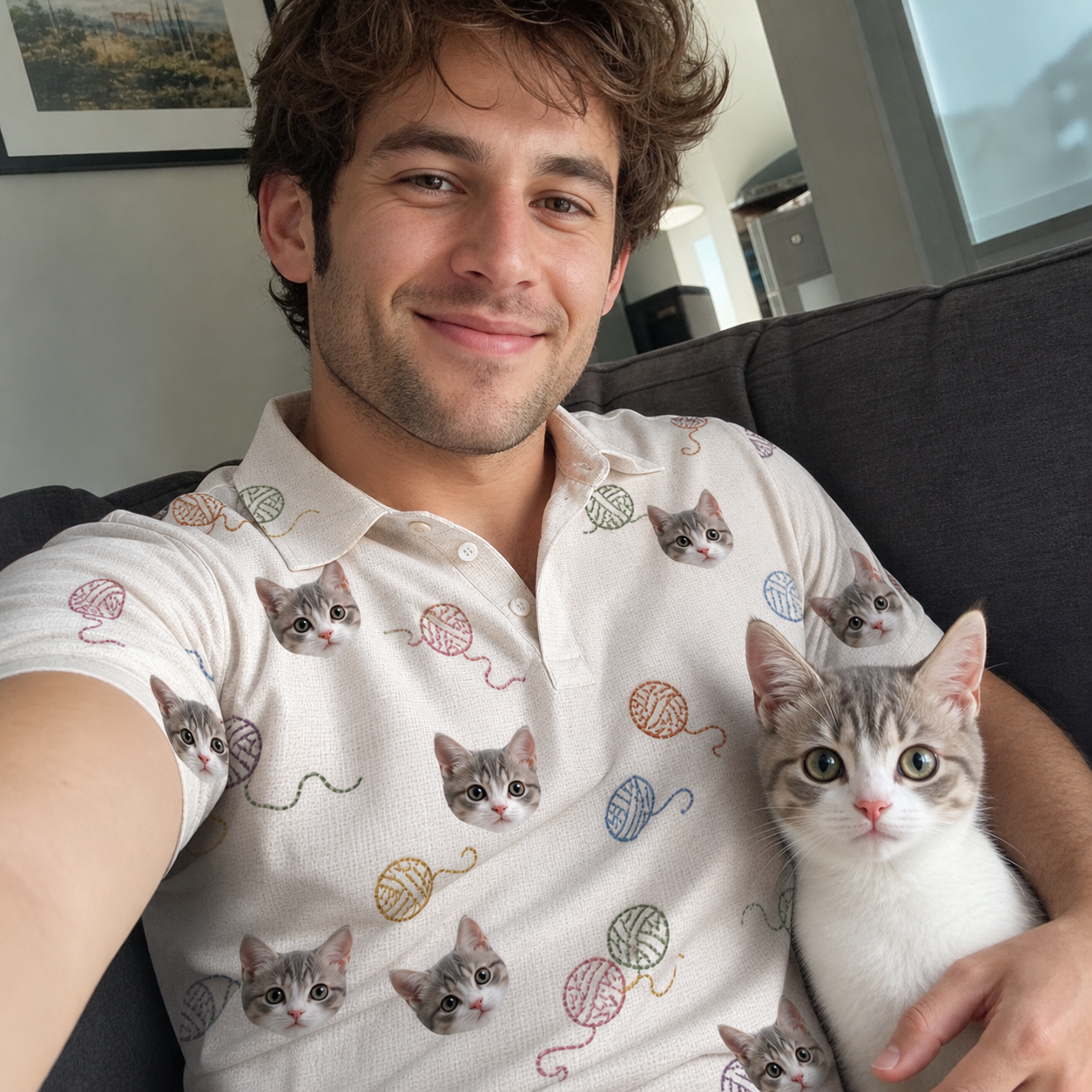 Selfie with the pet whose face is printed all over this Men's Skein Snoopers Custom Cat Face Polo Shirt