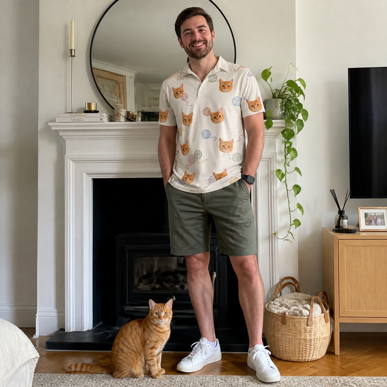 Full-length photo with the pet printed all over this Men's Skein Snoopers Custom Cat Face Polo Shirt