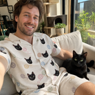 Selfie with the pet whose face is printed all over this Men's Skein Snoopers Custom Cat Face Shirt & Shorts Set