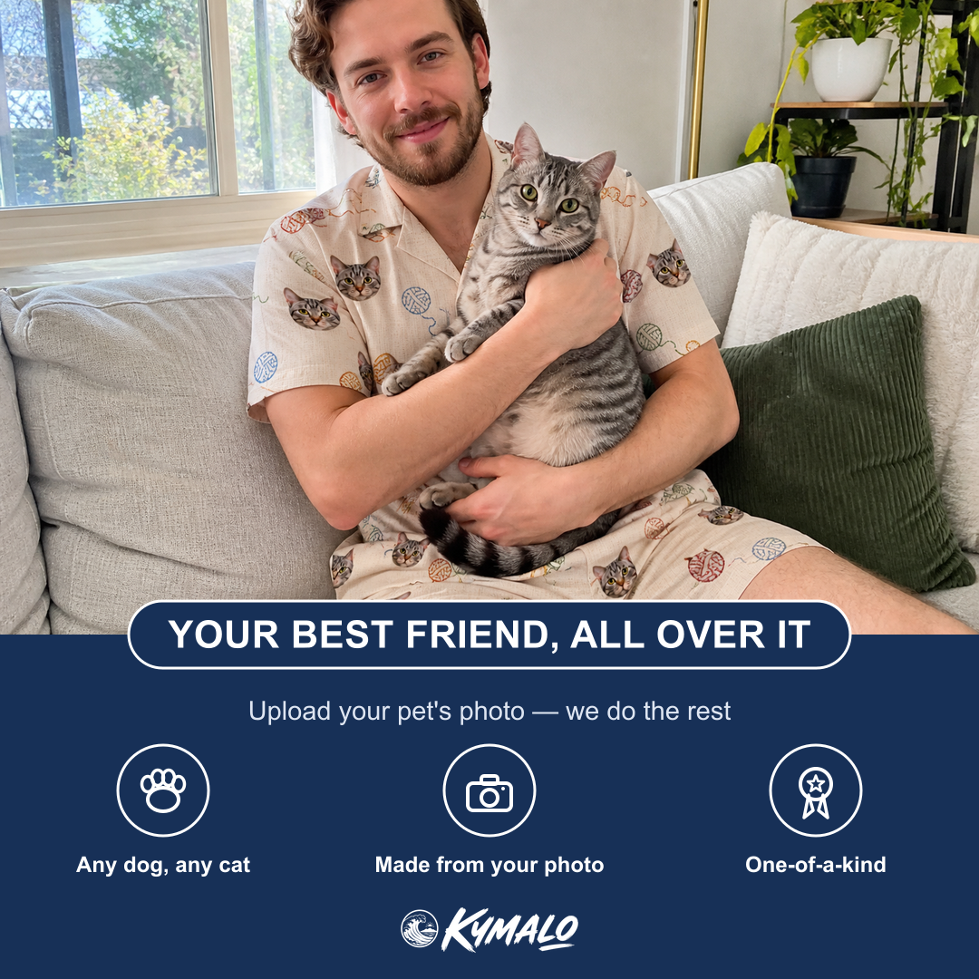 Friends in matching Men's Skein Snoopers Custom Cat Face Shirt & Shorts Set — a group gift photo