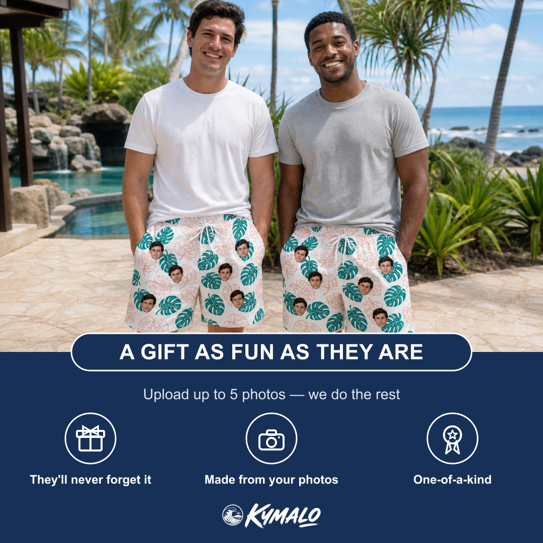 Friends in matching Men's Caladium Carnival Custom Face Beach Shorts — a group gift photo