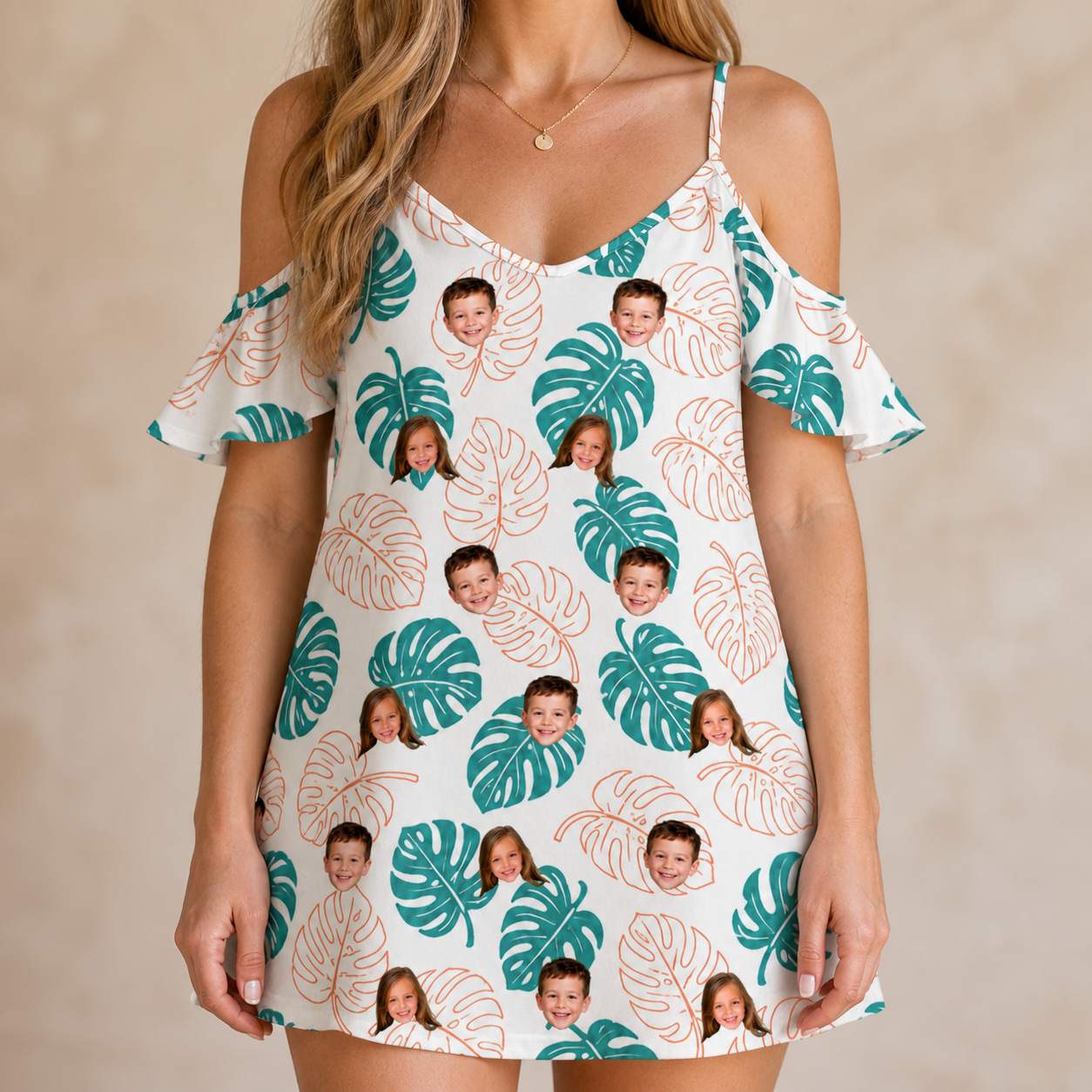 Model wearing Women's Caladium Carnival Custom Face Off-Shoulder Dress printed with kids' faces