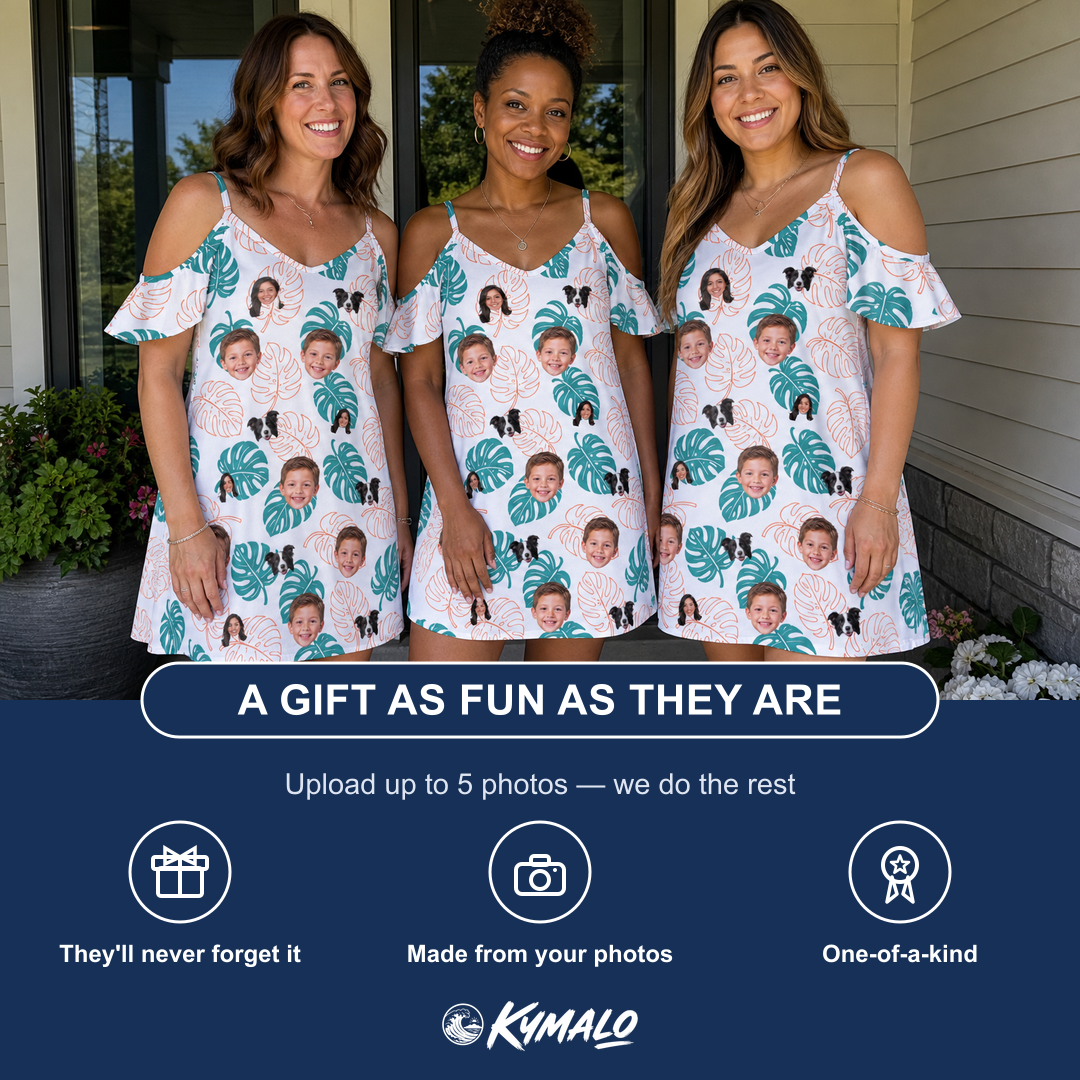 Friends in matching Women's Caladium Carnival Custom Face Off-Shoulder Dress — a group gift photo