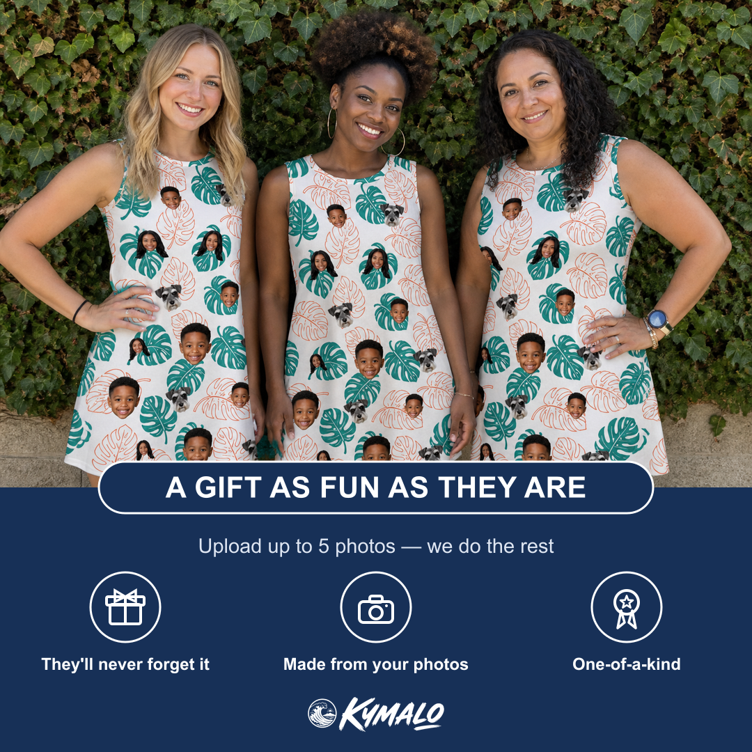 Friends in matching Women's Caladium Carnival Custom Face Tank Dress — a group gift photo