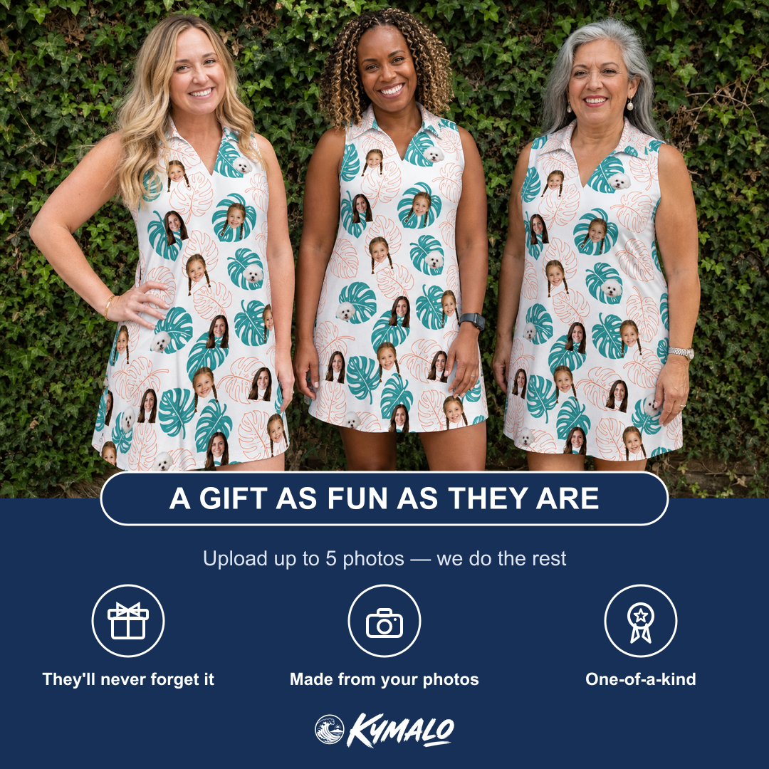 Friends in matching Women's Caladium Carnival Custom Face V-Neck Dress — a group gift photo