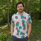 Real-life photo of someone wearing Men's Caladium Carnival Custom Face Polo Shirt — custom faces printed all-over
