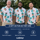 Friends in matching Men's Caladium Carnival Custom Face Polo Shirt — a group gift photo