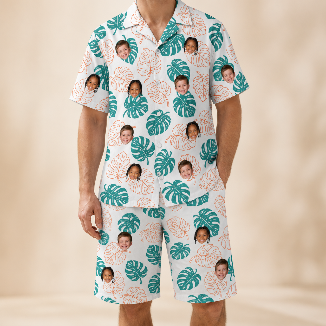 Model wearing Men's Caladium Carnival Custom Face Shirt & Shorts Set printed with kids' faces