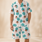 Model wearing Men's Caladium Carnival Custom Face Shirt & Shorts Set printed with kids' faces