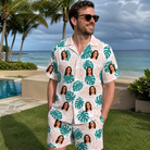 Real-life photo of someone wearing Men's Caladium Carnival Custom Face Shirt & Shorts Set — custom faces printed all-over