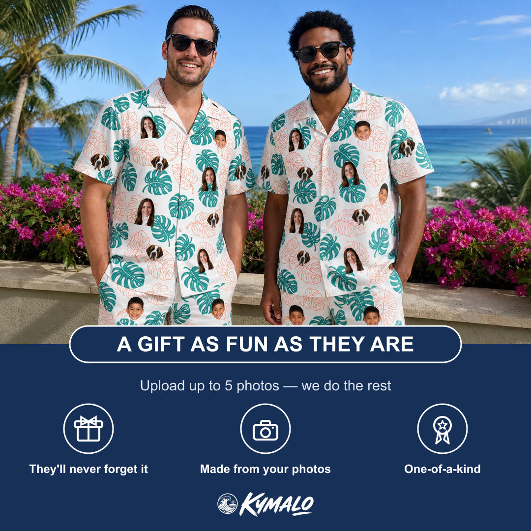 Friends in matching Men's Caladium Carnival Custom Face Shirt & Shorts Set — a group gift photo
