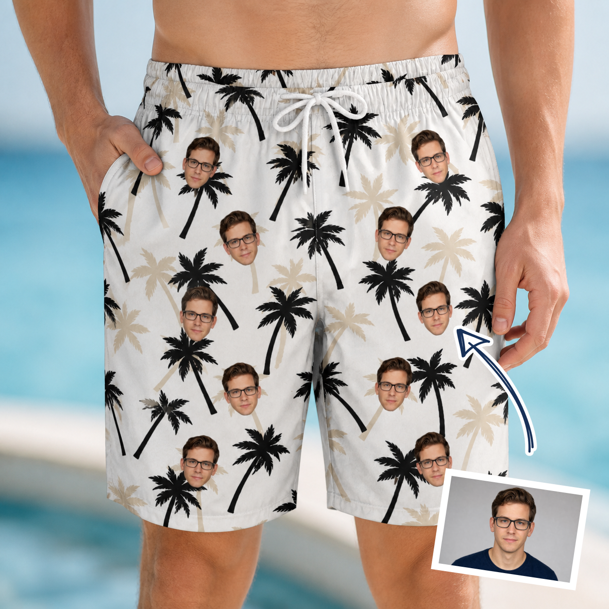Man wearing Men's Ylang Ylang Custom Face Beach Shorts — custom faces printed all-over