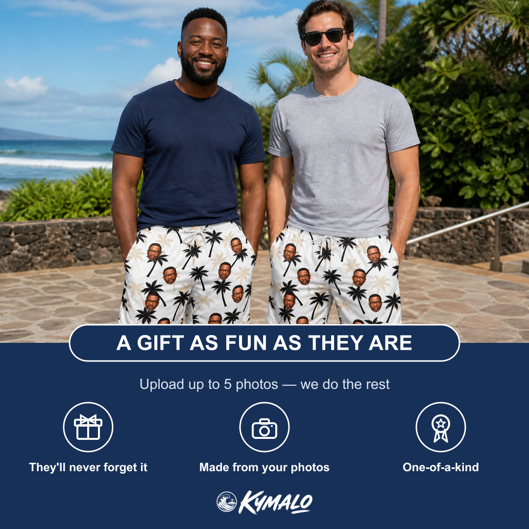 Friends in matching Men's Ylang Ylang Custom Face Beach Shorts — a group gift photo