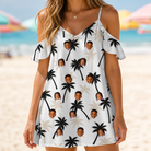 Model wearing Women's Ylang Ylang Custom Face Off-Shoulder Dress printed with kids' faces