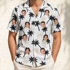 Model wearing Men's Ylang Ylang Custom Face Hawaiian Shirt printed with kids' faces