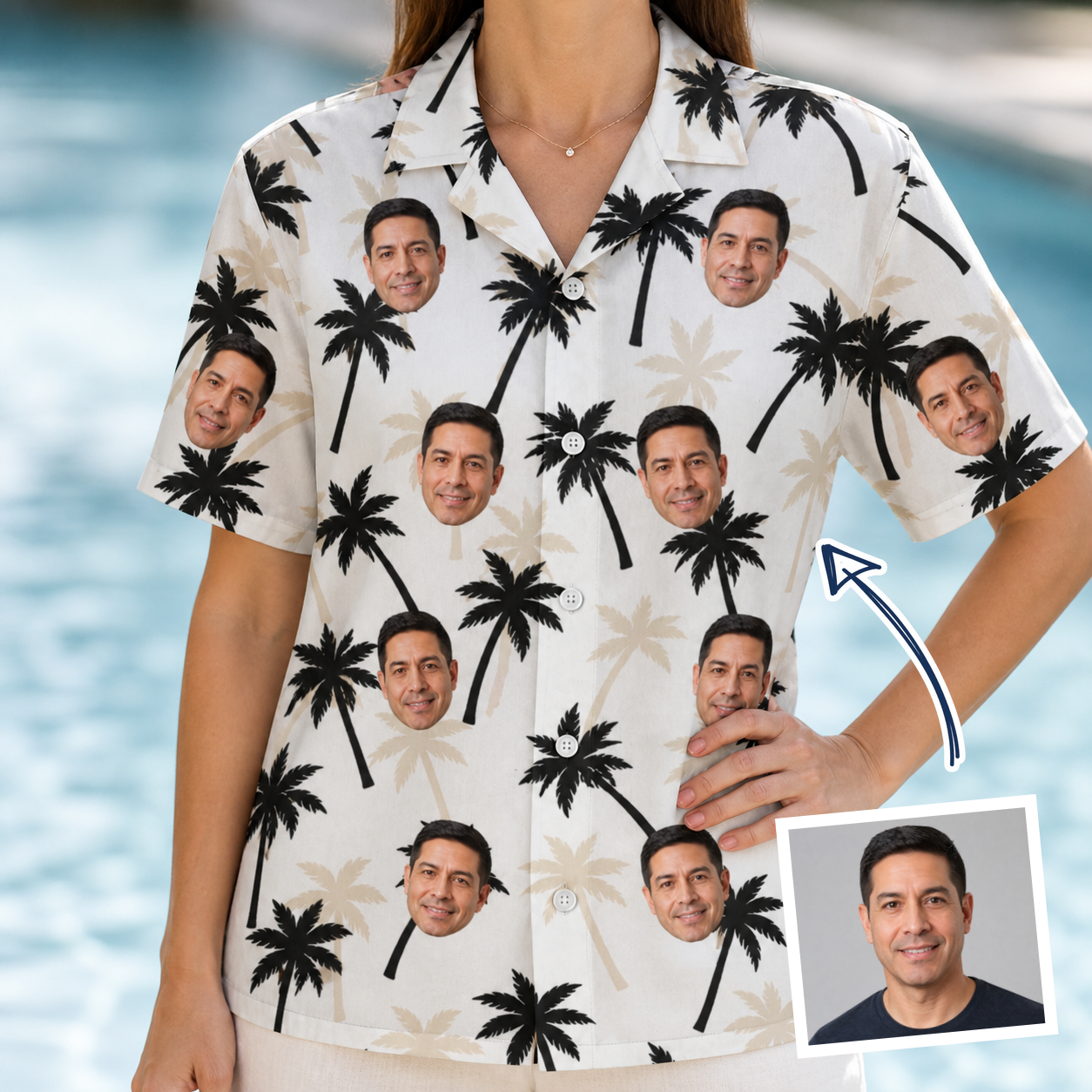 Woman wearing Women's Ylang Ylang Custom Face Hawaiian Shirt — custom faces printed all-over