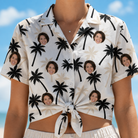 Woman wearing Women's Ylang Ylang Custom Face Hawaiian Shirt tied at the waist