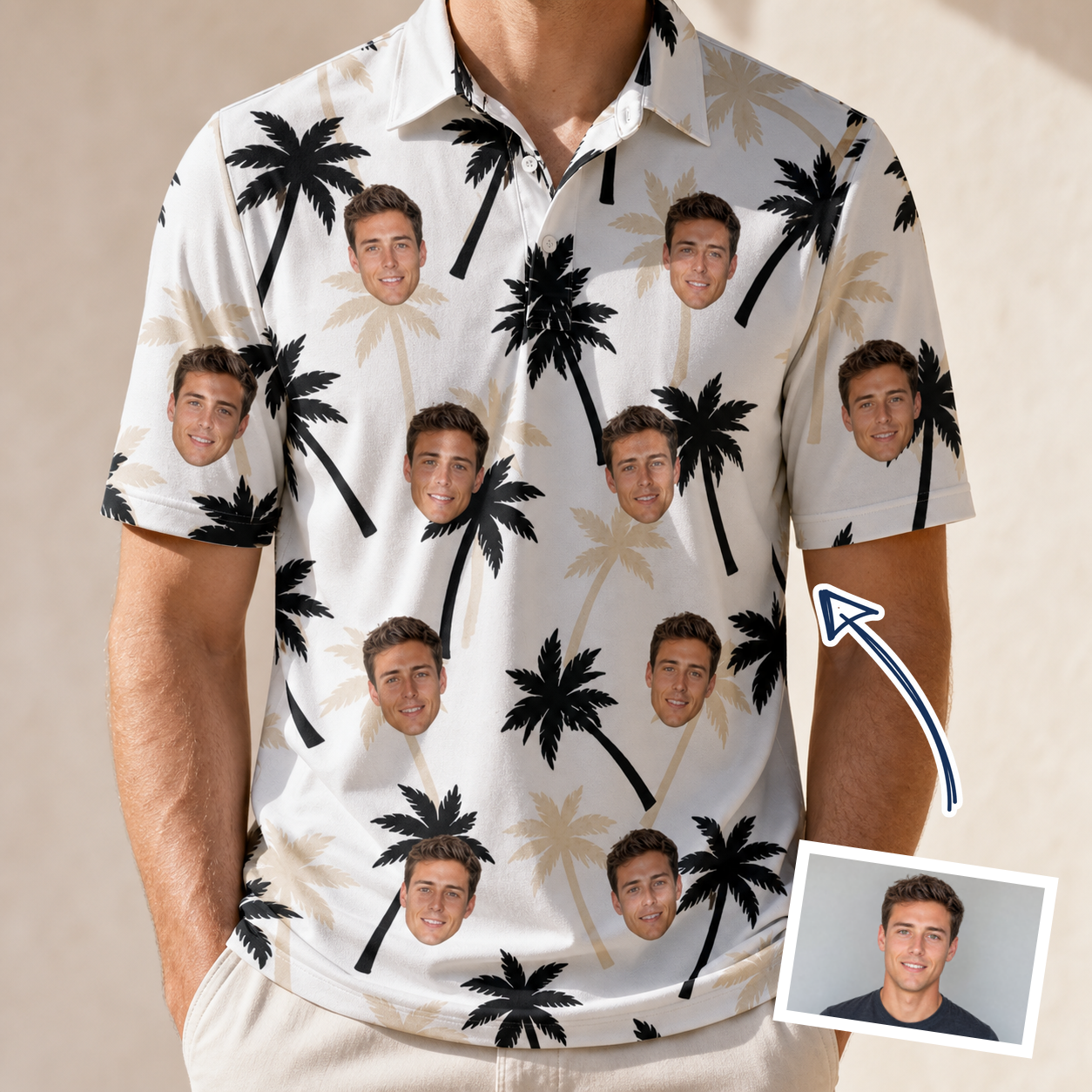 Man wearing Men's Ylang Ylang Custom Face Polo Shirt — custom faces printed all-over