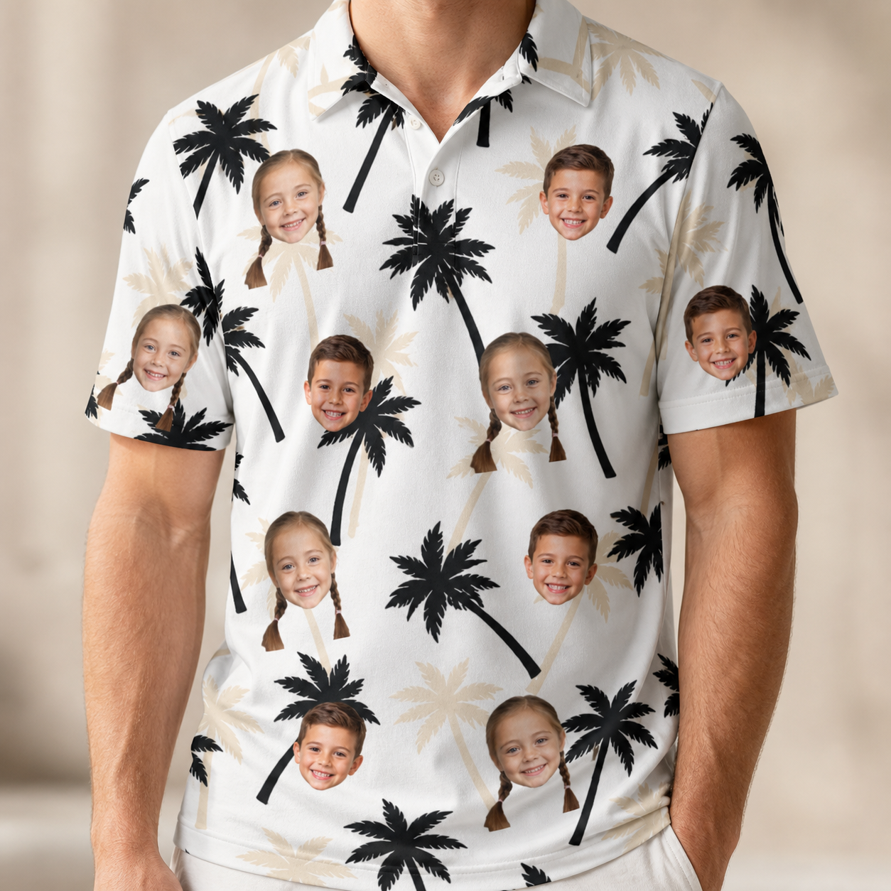 Model wearing Men's Ylang Ylang Custom Face Polo Shirt printed with kids' faces