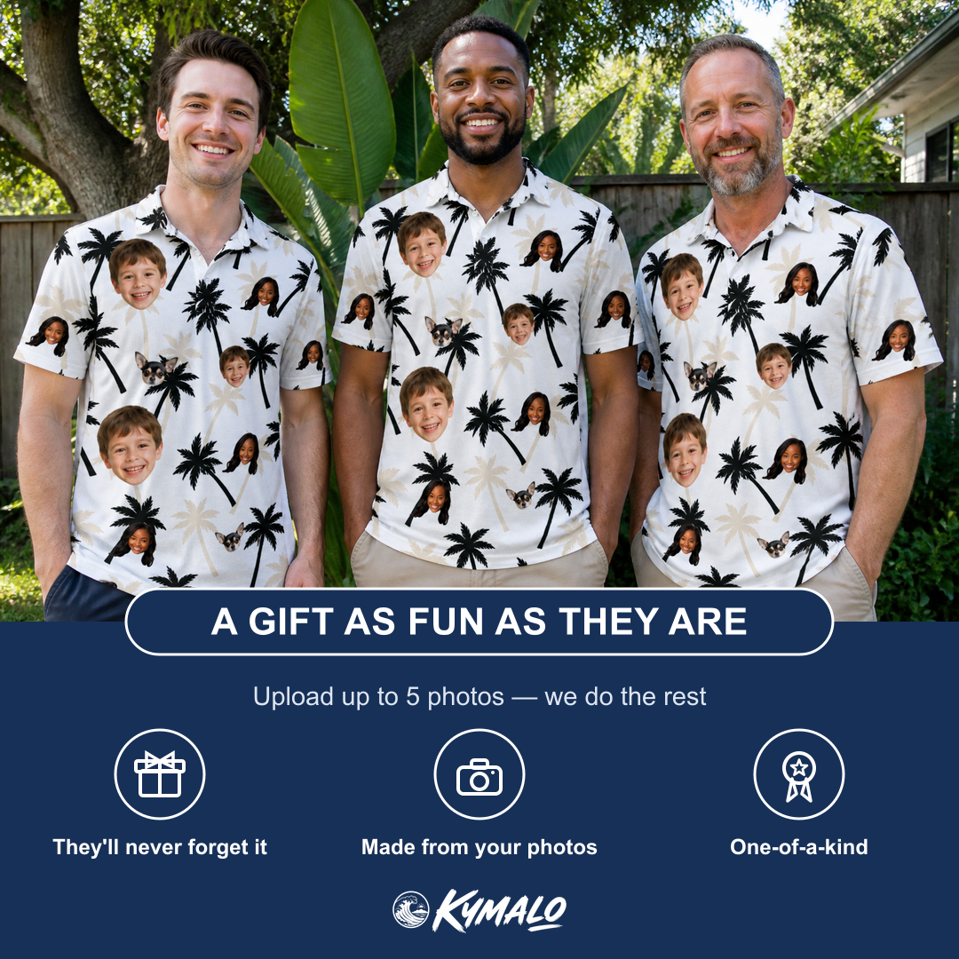 Friends in matching Men's Ylang Ylang Custom Face Polo Shirt — a group gift photo