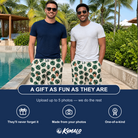 Friends in matching Men's Verdant Vacation Custom Face Beach Shorts — a group gift photo
