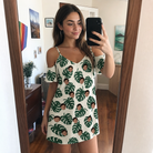Real-life photo of someone wearing Women's Verdant Vacation Custom Face Off-Shoulder Dress — custom faces printed all-over
