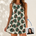 Woman wearing Women's Verdant Vacation Custom Face Tank Dress — custom faces printed all-over