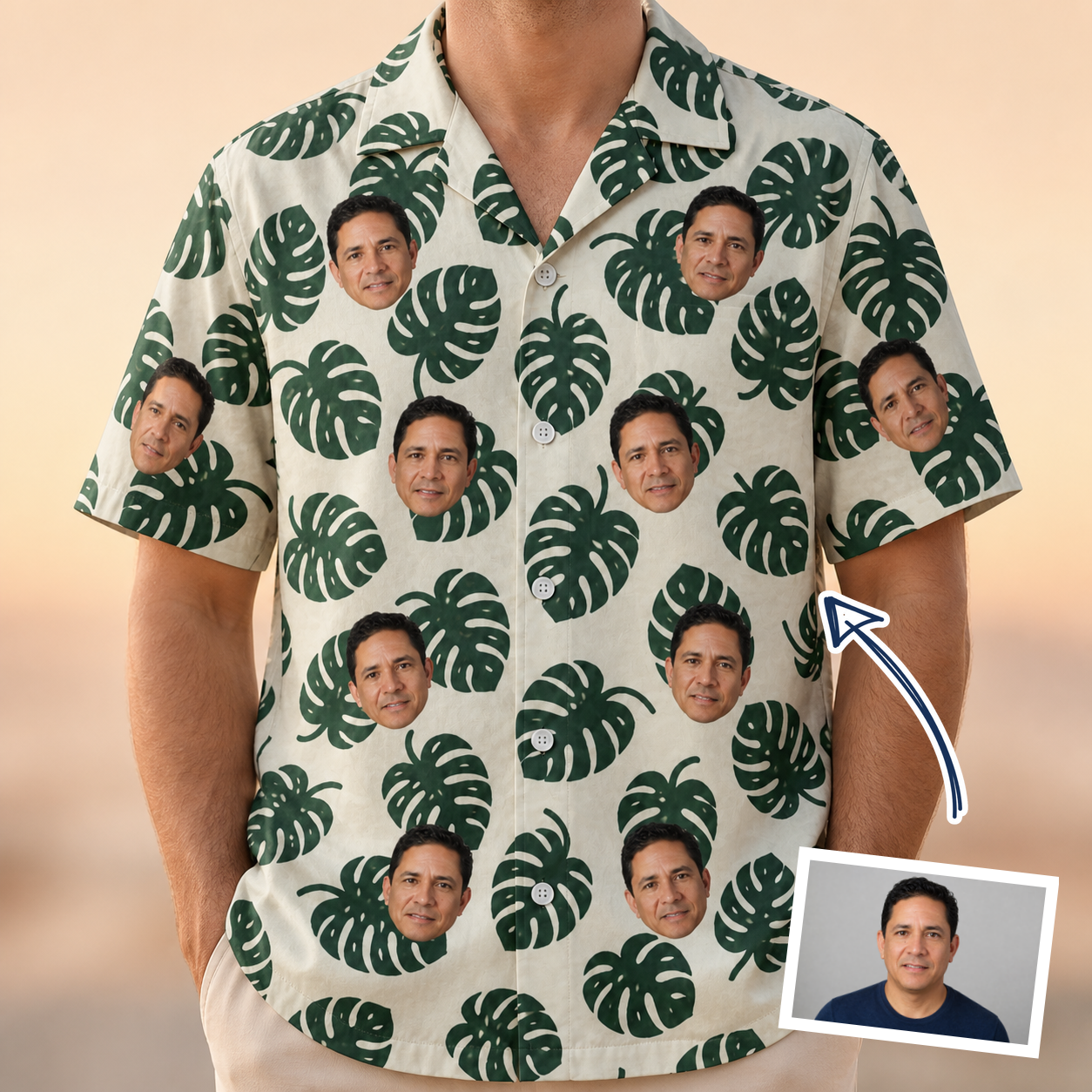 Man wearing Men's Verdant Vacation Custom Face Hawaiian Shirt — custom faces printed all-over